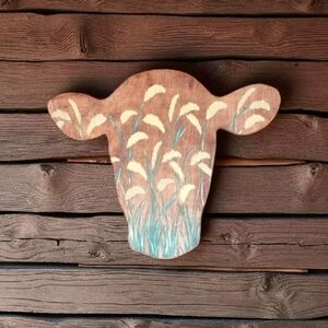 Handpainted Cow Head With Wheat Wood Sign Decor